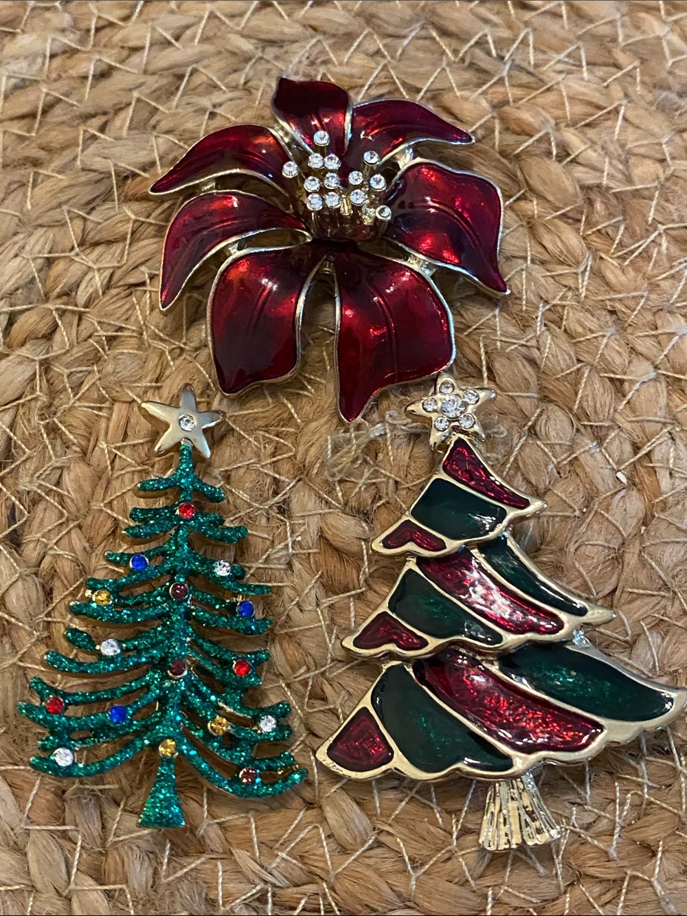 Festive Red Poinsettia & Christmas Tree Brooches Holiday Pin Set (unsigned)